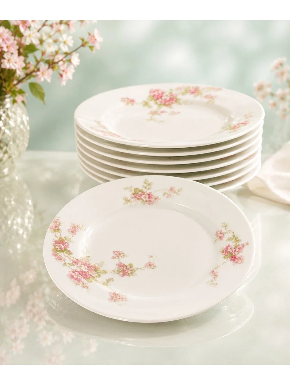 O&EG Royal Austria 1900s Pink Floral Porcelain Set of 8 Salad Luncheon Plates 8”